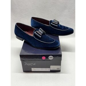 Duca Made in Italy Navy Blue Velvet Loafers Patent Bow Dress Shoes Mens 44 US 11